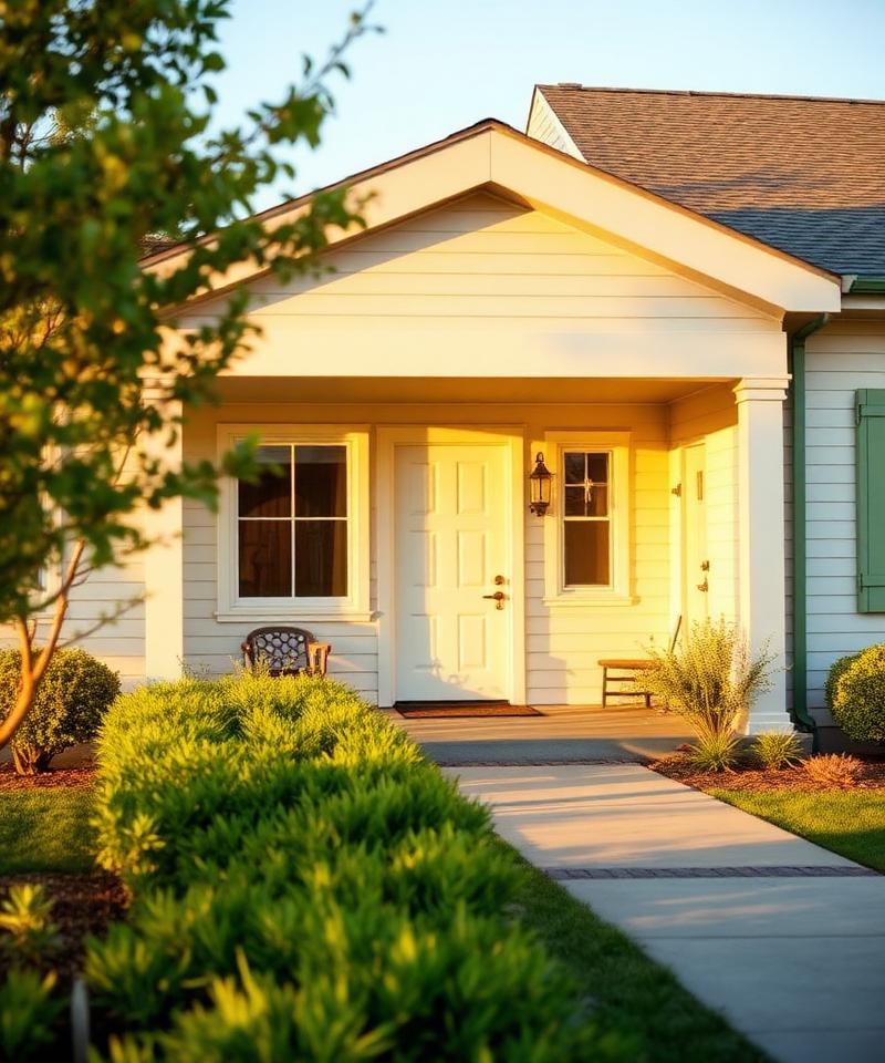 Calm, welcoming home exterior with natural landscaping