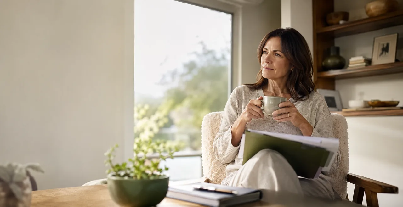 A woman sits in a sunlit living room with a cup of tea, a folder of papers resting on her lap, looking toward the window