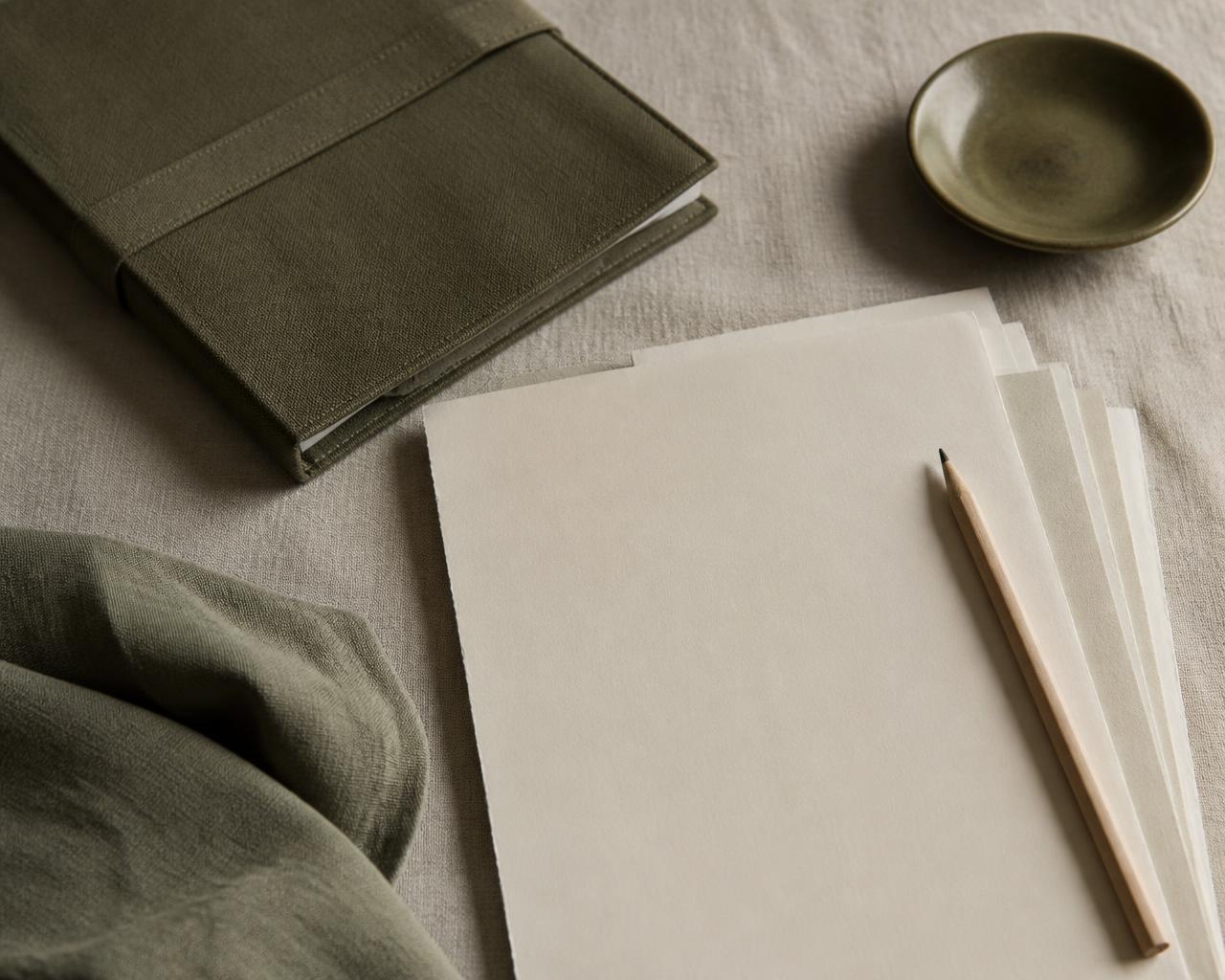 A quiet planning surface with linen, a cloth folio, blank paper and a pencil in natural daylight