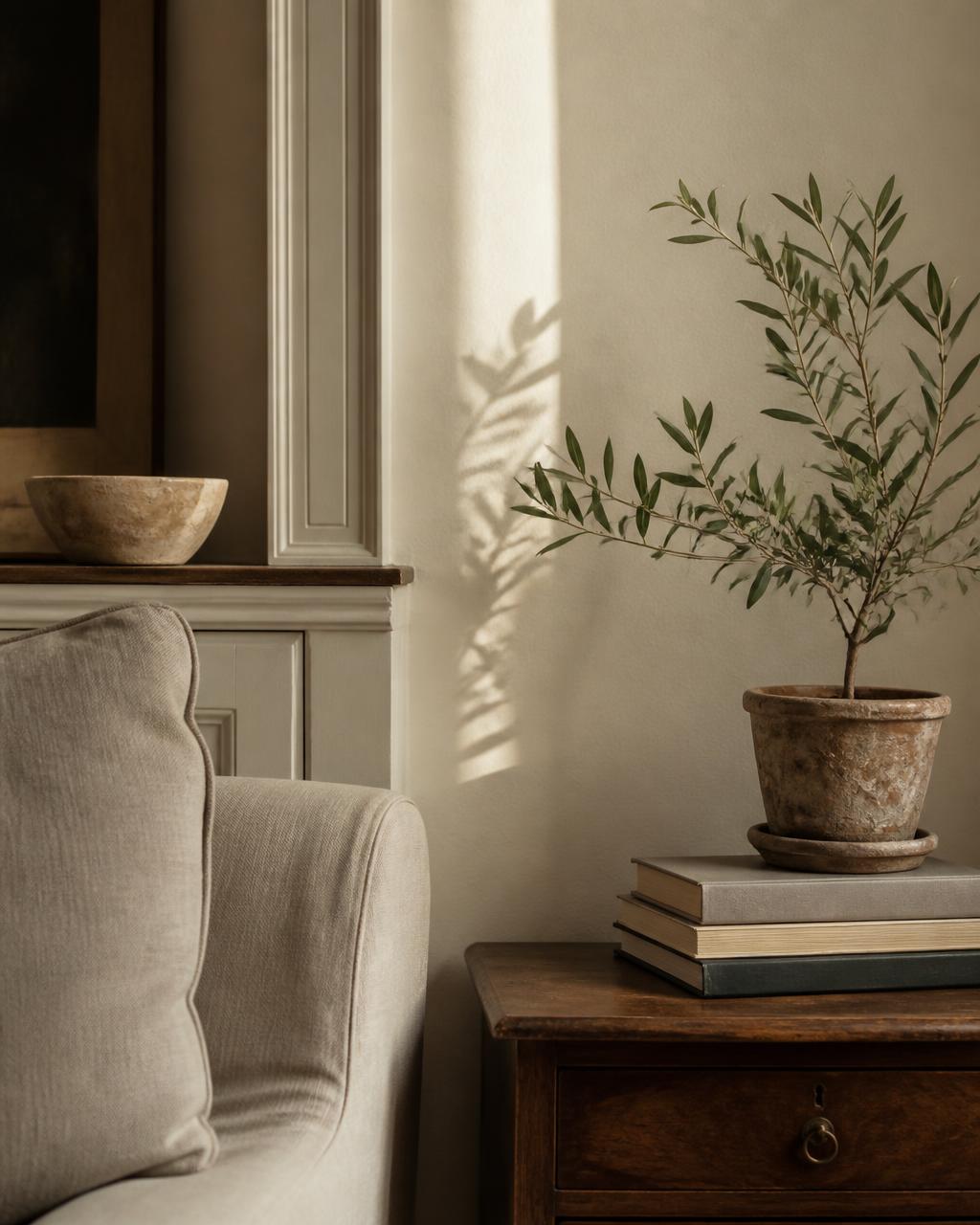 A calm lived-in room corner with a linen chair, books and a small olive plant in morning light