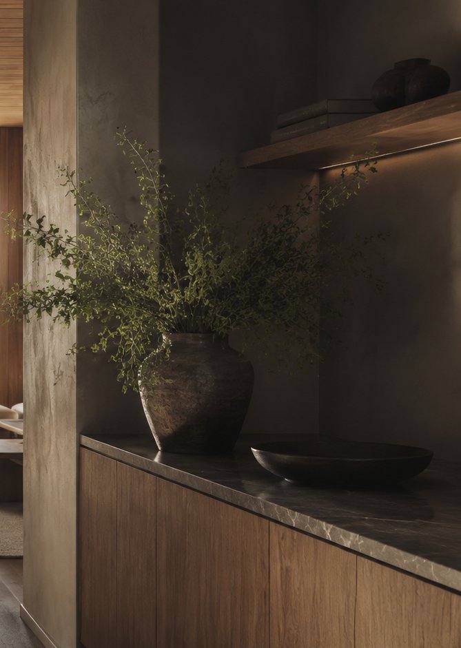 An ordered interior detail in warm daylight