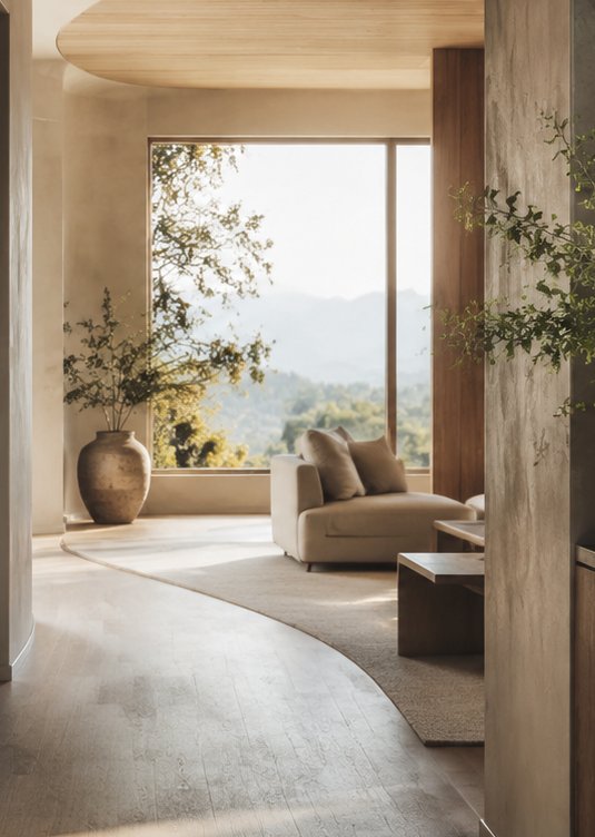Daylight through a tall window onto a calm interior